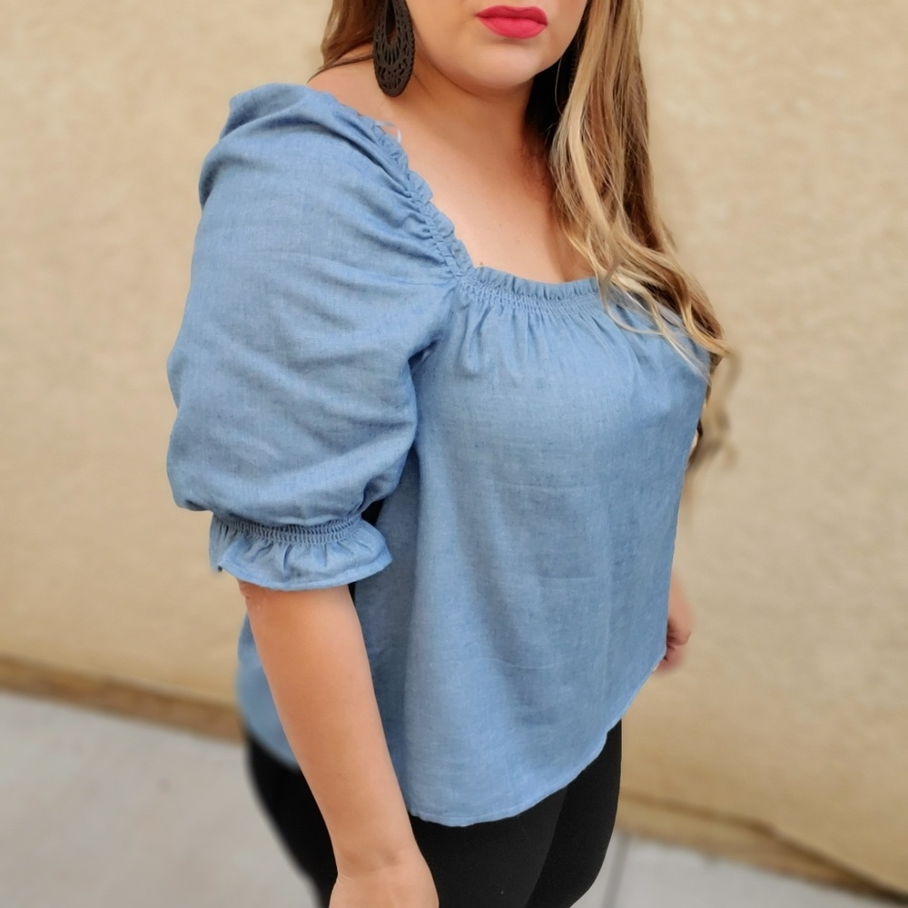 Chambray Square Neck Puff Sleeve Top - Picture 4 of 4